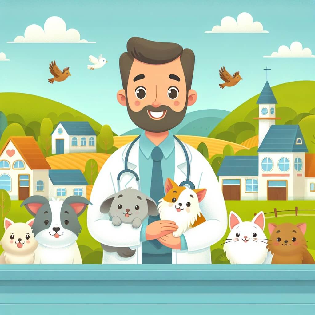 Une illustration destinée aux enfants représentant un homme bienveillant en blouse blanche, entouré d'animaux souriants, dans une clinique vétérinaire chaleureuse située au cœur d'une petite ville pittoresque bordée de collines verdoyantes.
