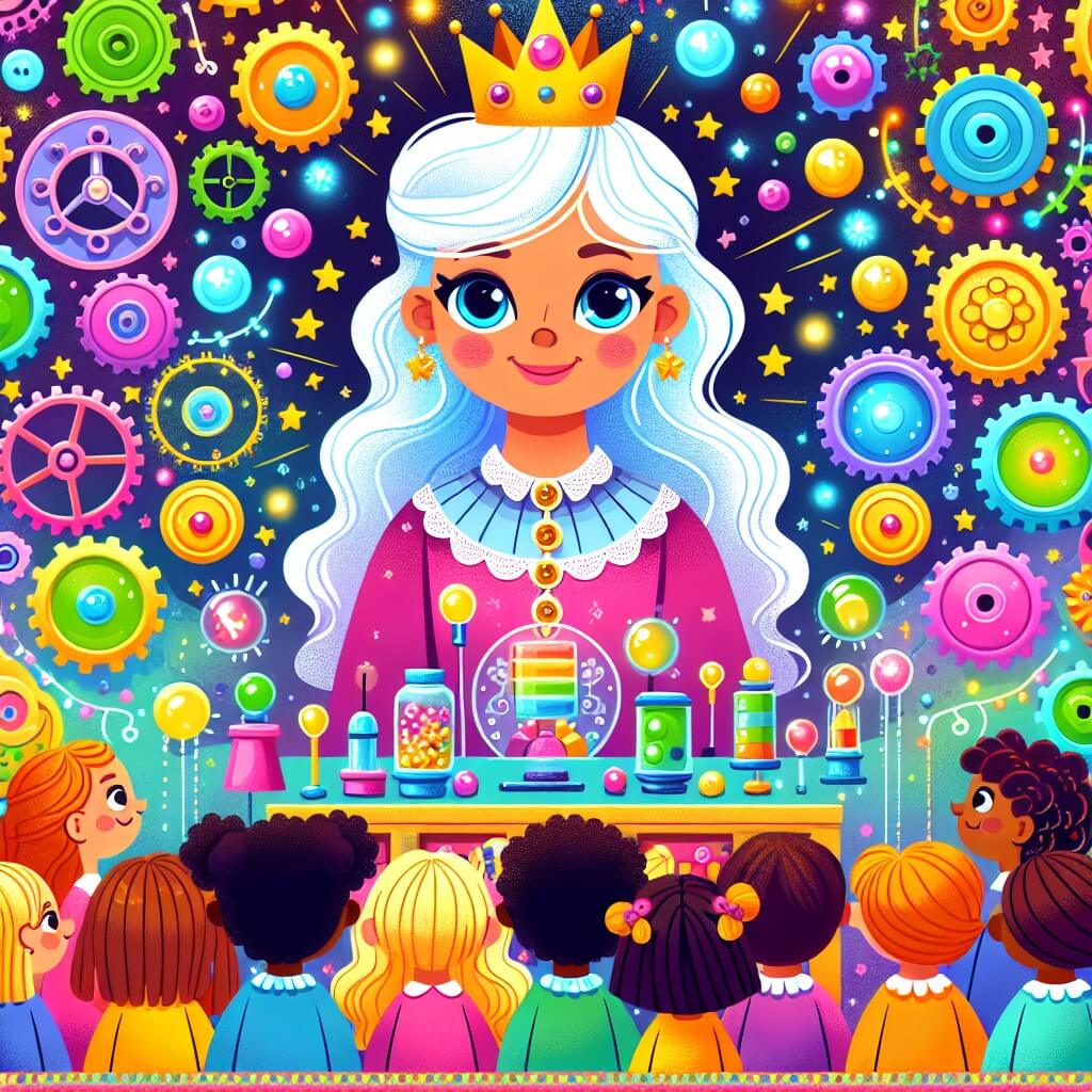 Une illustration destinée aux enfants représentant une femme inventrice géniale, entourée d'enfants curieux, dans son atelier magique rempli de boutons colorés, de rouages étincelants et de lumières chatoyantes, situé dans la charmante ville de Sparkleville.