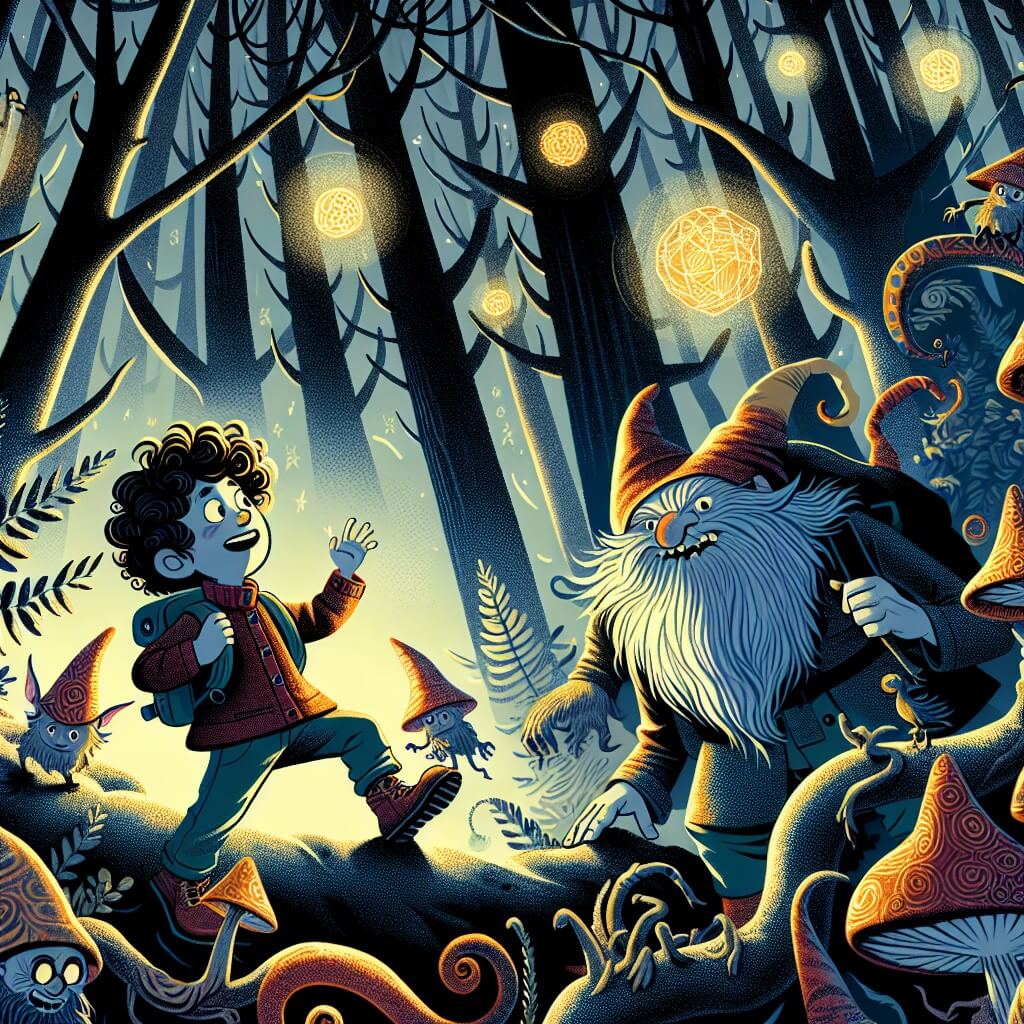 Une illustration destinée aux enfants représentant un petit garçon aux cheveux bouclés, curieux et imaginatif, qui se retrouve dans un monde enchanté rempli de créatures magiques, accompagné d'un gnome espiègle, dans une forêt sombre et mystérieuse remplie d'arbres imposants et de lueurs étranges.