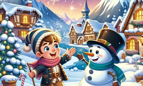 Une illustration destinée aux enfants représentant un jeune garçon enthousiaste, entouré de montagnes enneigées, qui rencontre un bonhomme de neige magique dans un village pittoresque, prêt à vivre une aventure hivernale inoubliable.