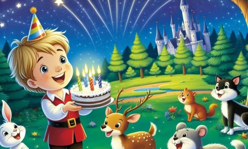 Une illustration destinée aux enfants représentant un petit garçon joyeux fêtant son anniversaire avec ses amis animaux dans la magnifique clairière enchantée de la Forêt Enchantée, sous un ciel étoilé et scintillant.
