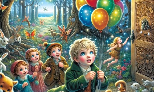 Une illustration destinée aux enfants représentant un jeune garçon aux yeux étincelants, entouré de ballons colorés, découvrant une mystérieuse porte en bois au milieu d'une forêt enchantée, accompagné de ses amis curieux, dans une clairière remplie d'animaux parlants et de fées virevoltantes, avec des arbres majestueux et des fleurs éclatantes sous un ciel éclaboussé de lumières magiques.