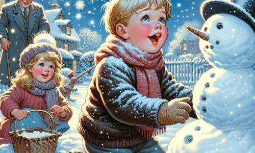 Une illustration destinée aux enfants représentant un jeune garçon, émerveillé par la neige qui tombe, accompagné de son amie et de son grand frère, construisant un bonhomme de neige dans leur jardin couvert d'une douce couverture blanche, sous un ciel hivernal éclatant de flocons délicats.