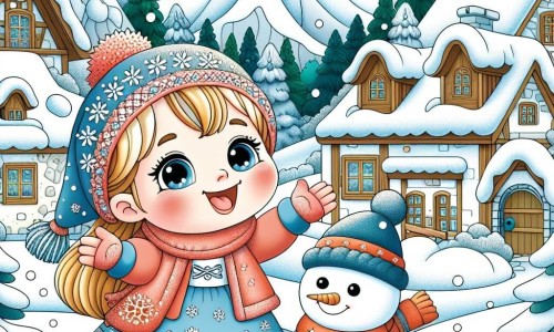 Une illustration destinée aux enfants représentant une jeune fille joyeuse, entourée de neige scintillante, découvrant un monde hivernal enchanté avec son ami de neige, dans un petit village pittoresque niché au pied de montagnes enneigées.