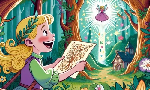 Une illustration destinée aux enfants représentant une jeune fille joyeuse découvrant une mystérieuse invitation pour une aventure magique en compagnie de fées dans une forêt enchantée aux arbres majestueux et aux fleurs éclatantes.
