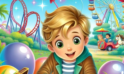 Une illustration destinée aux enfants représentant un jeune garçon plein de curiosité, entouré de ballons colorés, découvrant un trésor caché lors d'une fête d'anniversaire dans un parc d'aventures magique rempli de manèges étincelants et de rires joyeux.