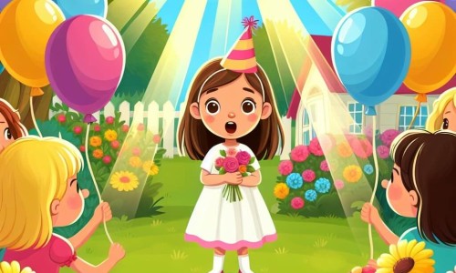 Une illustration destinée aux enfants représentant une petite fille émerveillée lors de sa fête d'anniversaire, entourée de ballons colorés et de ses amis, dans un jardin ensoleillé rempli de fleurs et d'arbres verdoyants.