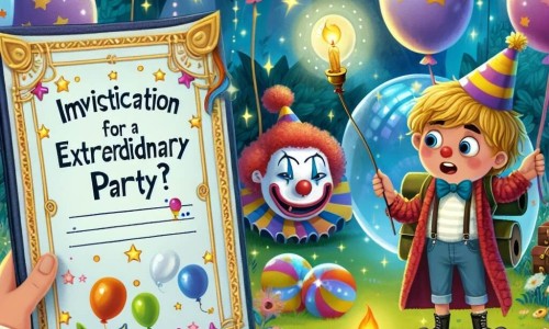 Une illustration destinée aux enfants représentant un jeune garçon plein de curiosité et d'aventures, découvrant une mystérieuse invitation pour une fête d'anniversaire extraordinaire, accompagné d'un clown espiègle, dans un parc magique rempli de ballons colorés, de bulles scintillantes et de miroirs amusants.