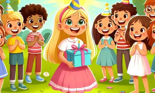 Une illustration destinée aux enfants représentant une petite fille joyeuse, entourée de ses amis, dans un parc ensoleillé, où ils célèbrent un anniversaire rempli de surprises et de magie.