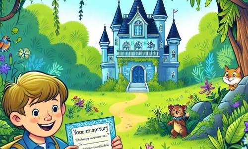 Une illustration destinée aux enfants représentant un garçon joyeux découvrant une mystérieuse invitation à une fête magique dans un manoir enchanté entouré de jardins luxuriants et habités par des animaux parlants.