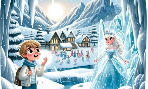 Une illustration destinée aux enfants représentant un jeune garçon, émerveillé par la neige, qui découvre une grotte de glace enchantée avec une princesse de glace étincelante, dans un village niché au pied des montagnes enneigées.