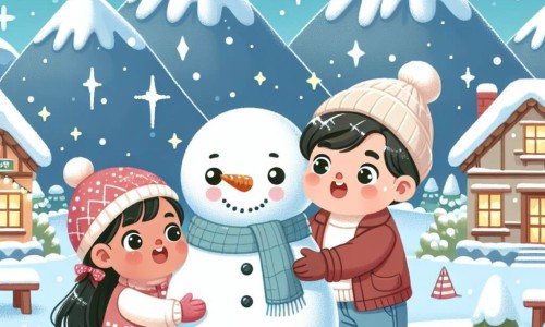 Une illustration destinée aux enfants représentant une petite fille émerveillée par la neige, accompagnée de son ami, construisant un immense bonhomme de neige dans un village enchanteur, entouré de montagnes enneigées scintillantes.