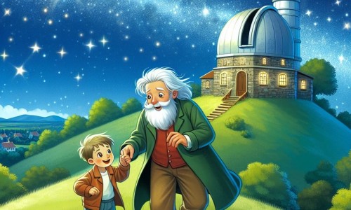 Une illustration destinée aux enfants représentant un garçon curieux et énergique, sur le point de partir à l'aventure pour découvrir un trésor caché avec l'aide d'un astronome aimable, dans un observatoire perché au sommet d'une colline verdoyante, sous un ciel étoilé scintillant de mille feux.