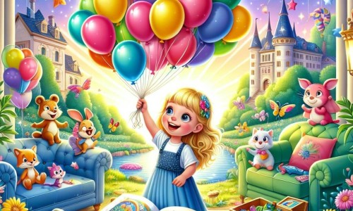Une illustration destinée aux enfants représentant une jeune fille joyeuse, entourée de ballons colorés, découvrant un mystérieux livre magique avec des animaux parlants dans un salon enchanté rempli de meubles volants, dans la petite ville de Sunnyville, illuminée par un soleil éclatant.