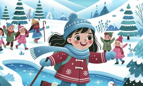 Une illustration destinée aux enfants représentant une jeune fille joyeuse et aventurière, entourée d'amis, qui explore un paysage hivernal féerique avec des collines enneigées, un étang gelé et des arbres recouverts de neige étincelante.