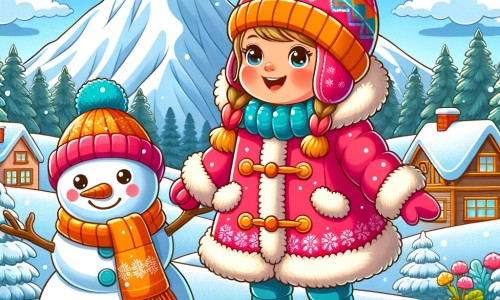 Une illustration destinée aux enfants représentant une petite fille vêtue d'une épaisse doudoune colorée, se tenant joyeusement devant une montagne enneigée, accompagnée d'un adorable bonhomme de neige, dans un village pittoresque niché au cœur d'une forêt enneigée, lors d'une journée ensoleillée d'hiver.