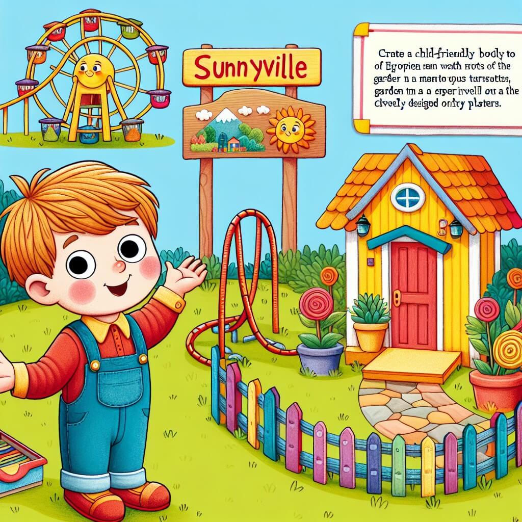 Une illustration destinée aux enfants représentant un petit garçon plein d'imagination et de malice, qui prépare une surprise pour sa maman en transformant leur jardin en un parc d'attractions miniature, avec des montagnes russes en carton, une grande roue en assiettes en papier et une pancarte accrochée à l'entrée, dans un petit village coloré appelé Sunnyville.
