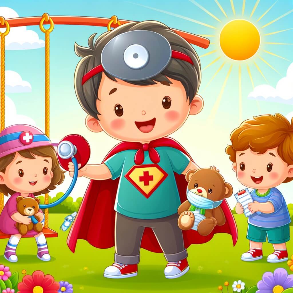 Une illustration destinée aux enfants représentant un petit garçon souriant, vêtu d'une cape de super-héros, qui aide ses amis malades en leur offrant des cadeaux et en jouant au docteur, dans un parc ensoleillé avec des balançoires colorées et des fleurs qui égayent l'atmosphère.