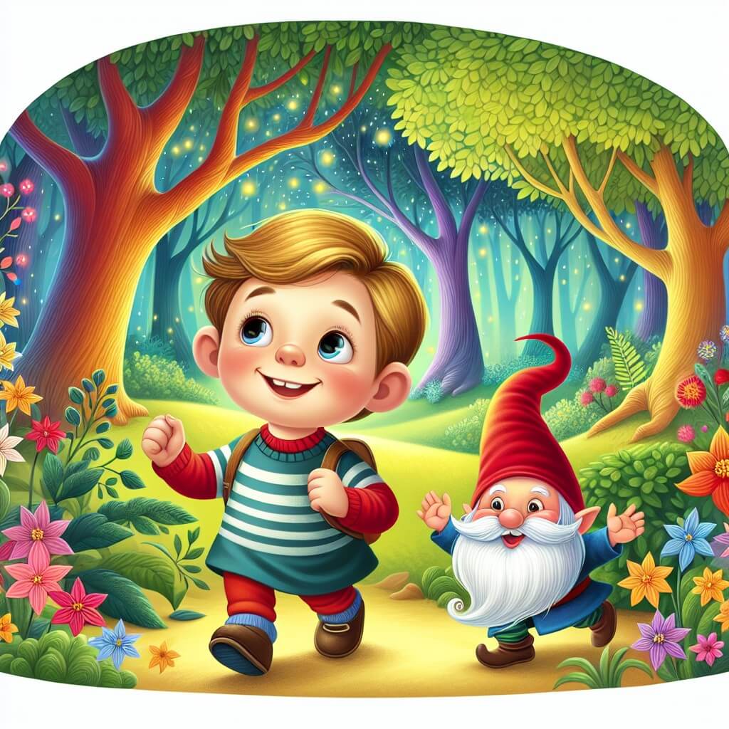 Une illustration destinée aux enfants représentant un petit garçon aux yeux pétillants, accompagné d'un lutin espiègle, se trouvant au cœur d'une forêt enchantée où les arbres dansent et les fleurs chantent.