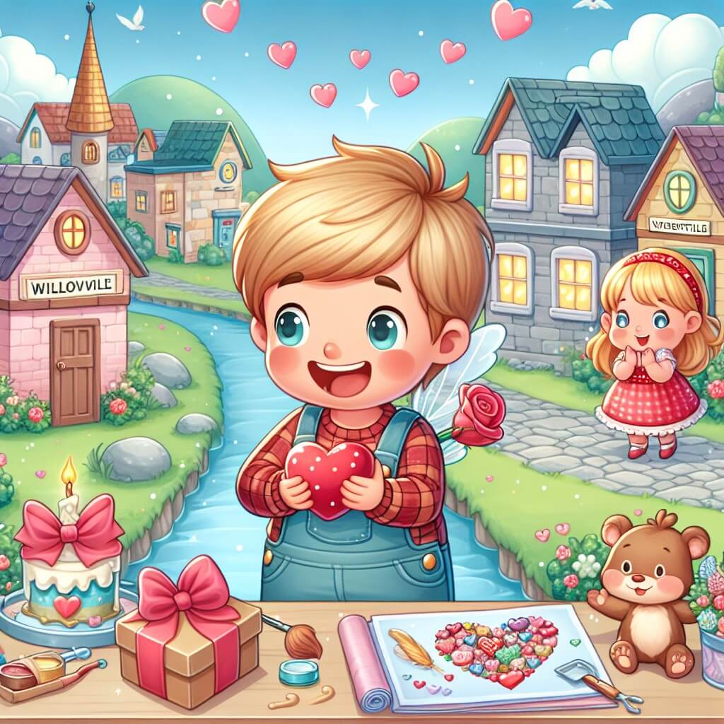 Une illustration destinée aux enfants représentant un petit garçon plein de curiosité et de gentillesse, qui prépare une surprise pour sa famille à l'approche de la Saint-Valentin, avec pour personnage secondaire une petite sœur adorable, dans une petite ville pittoresque appelée Willowville, entourée de maisons colorées et bordée d'une rivière scintillante.